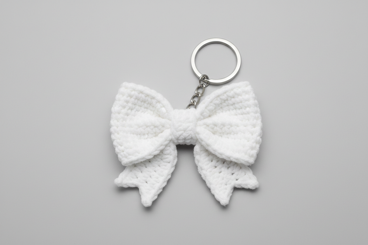 White crochet bow keychain 